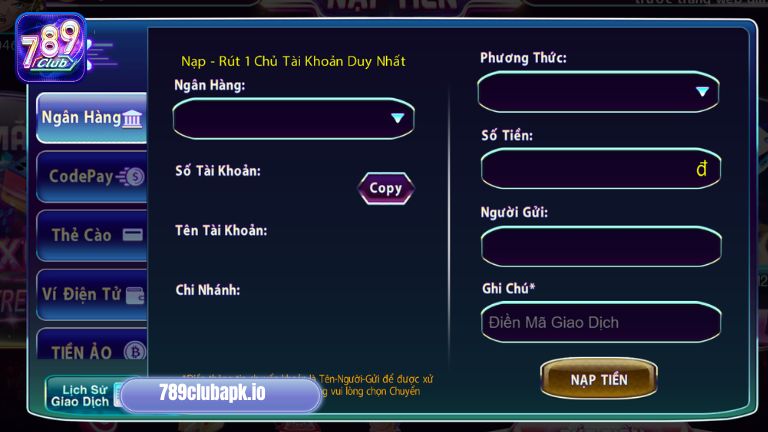 Hướng dẫn nạp tiền 789Club thông qua ngân hàng