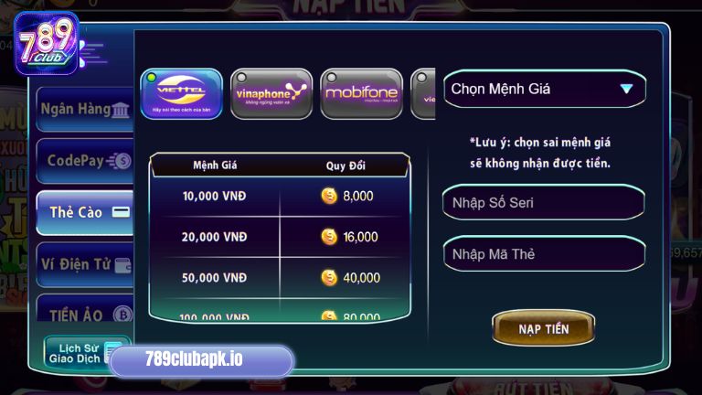 Nạp tiền vào 789Club thông qua thẻ cào siêu nhanh chóng